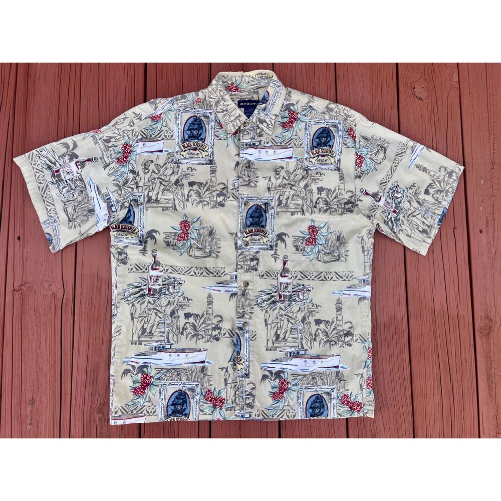 Sportif Button Up Hawaiian Shirt Mens Medium Cream Black Schooner Rum Print